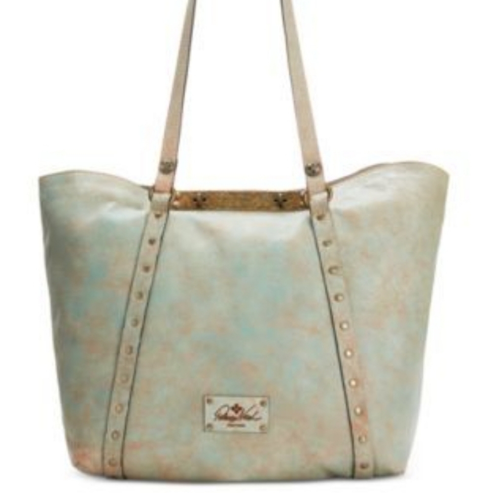 Patricia Nash Light Aqua and Beige Studded Leather Shoulder Tote
